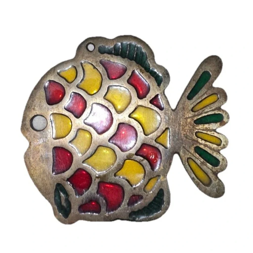 Vintage Fish Trivet Cast Metal Stained Glass Hot Plate Kitchen Pot Rest